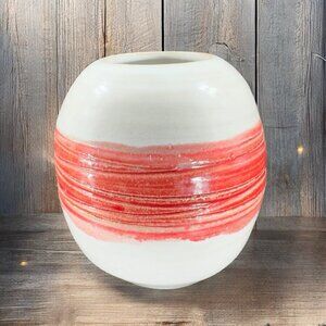 Hand Made Studio Art Pottery Stoneware Vase Vessel White‎ Red Glaze Hand Carved